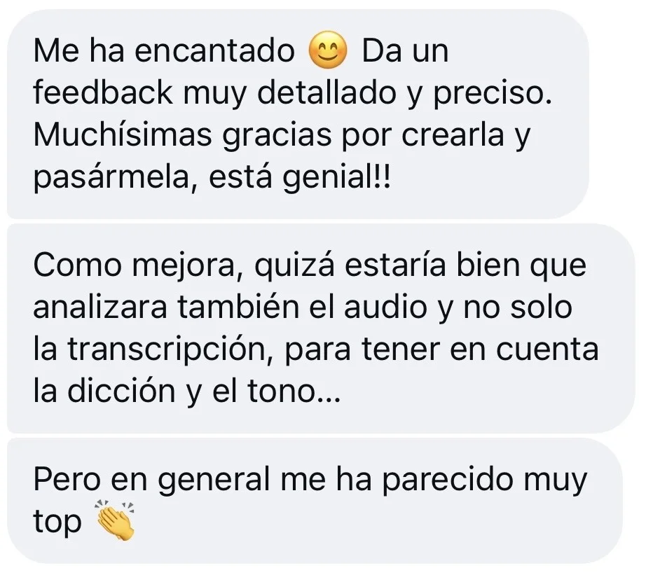 Mensaje de una opositora valorando la app